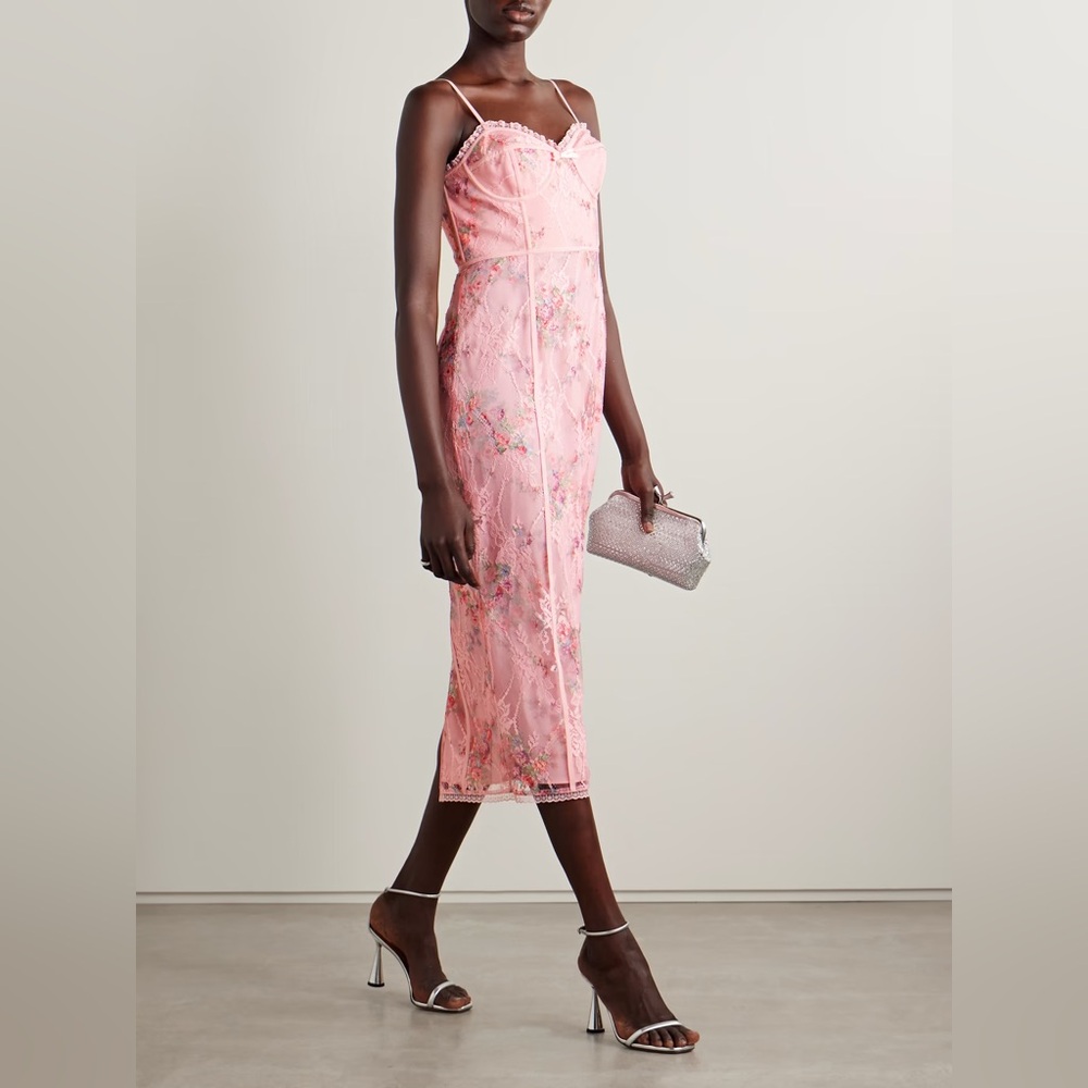 LoveShackFancy Pink Floral Lace Midi Dress